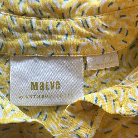 Anthropologie Maeve Blithe Yellow Printed Tie Sleeve Buttondown Top Size 0 - Picture 3 of 5